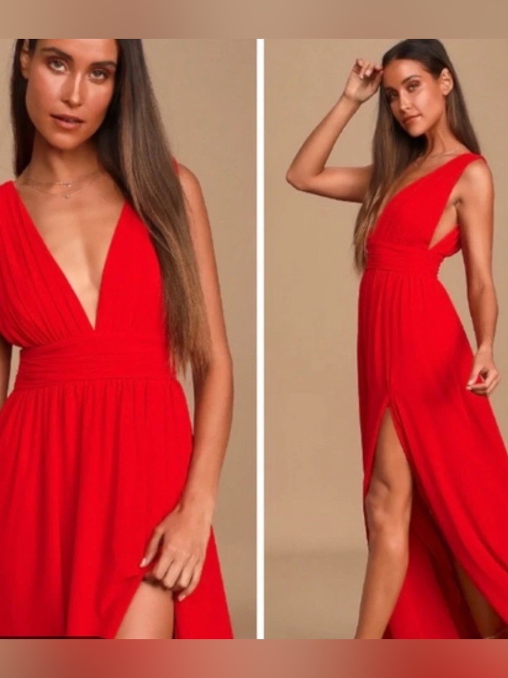 Lulus Heavenly Hues Red Maxi Dress Sz Med Plunging V Neck Formal PRETTY WOMAN